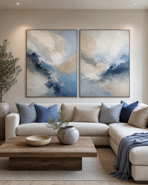 Blue and Beige Abstract Diptych #SP011 displayed in a styled interior