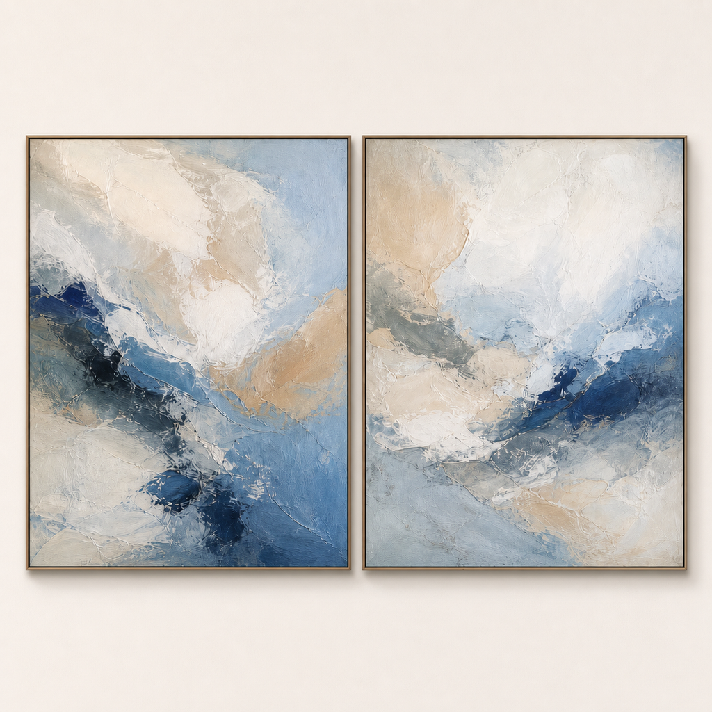 Front view of Blue and Beige Abstract Diptych #SP011, showing the complete composition
