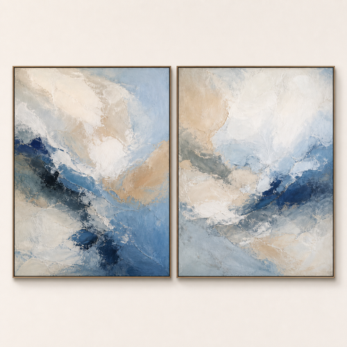 Front view of Blue and Beige Abstract Diptych #SP011, showing the complete composition