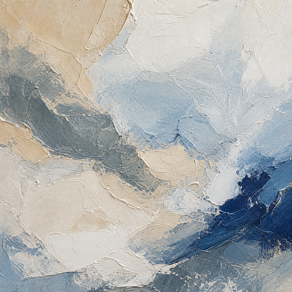 Close-up of hand-painted texture and brushwork in Blue and Beige Abstract Diptych #SP011