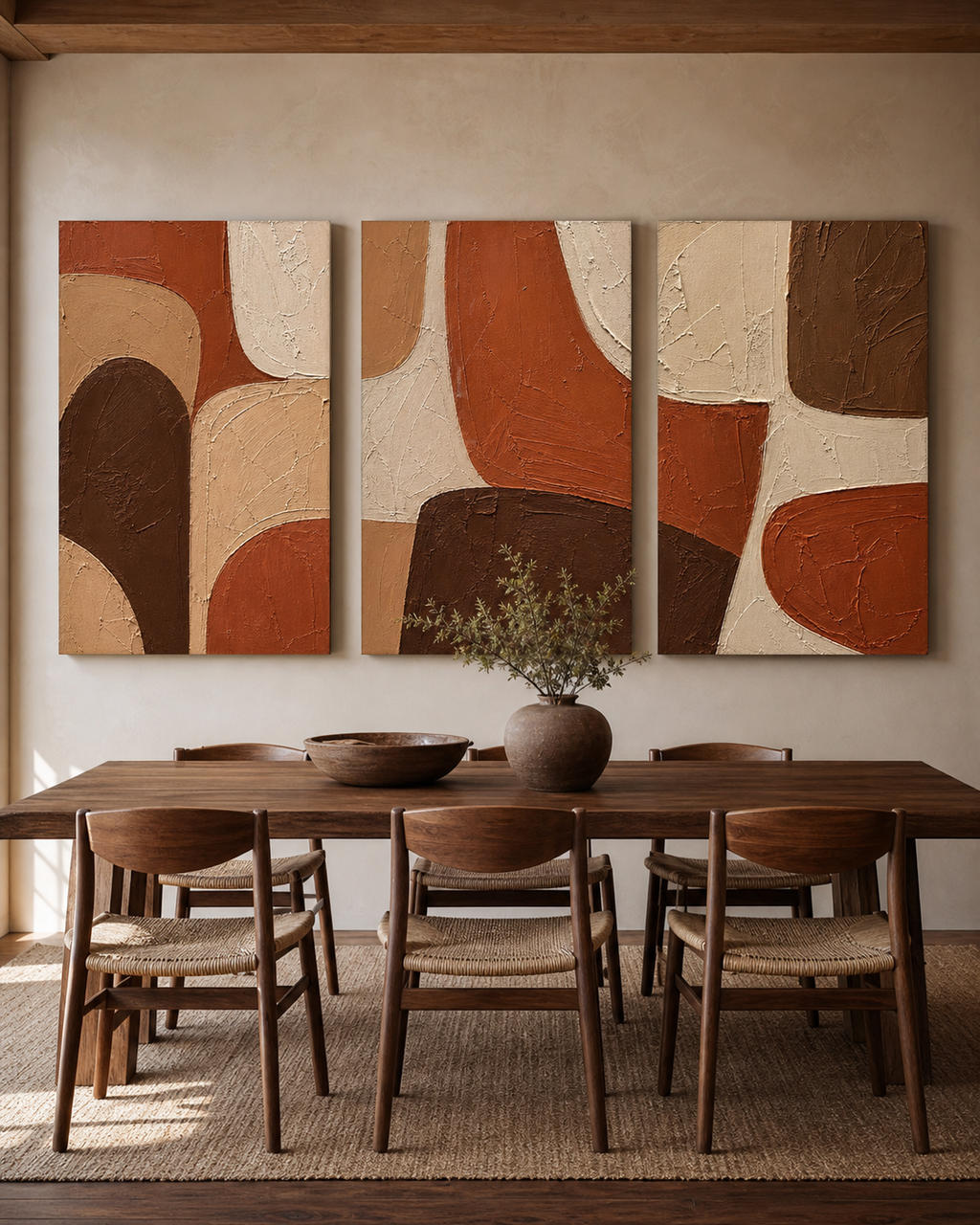 Earth Tone Abstract Triptych Set #SP012 displayed in a styled interior