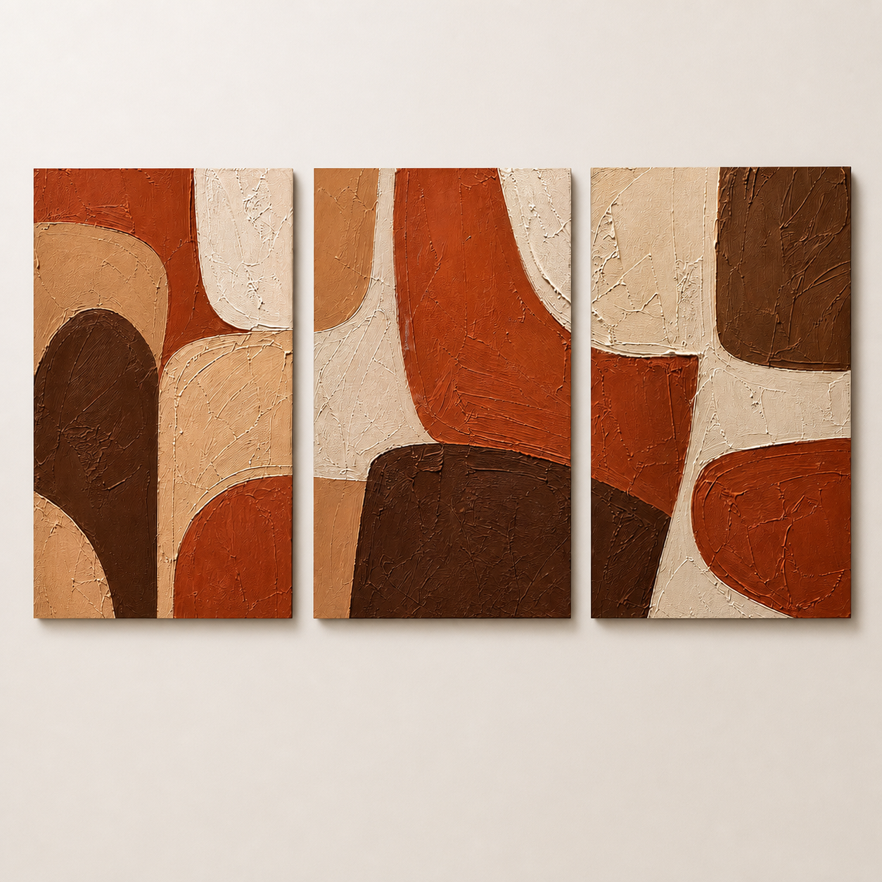 Front view of Earth Tone Abstract Triptych Set #SP012, showing the complete composition