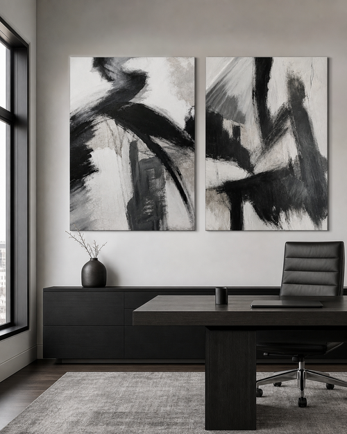 Black and White Abstract Set of 2 #SP013 displayed in a styled interior