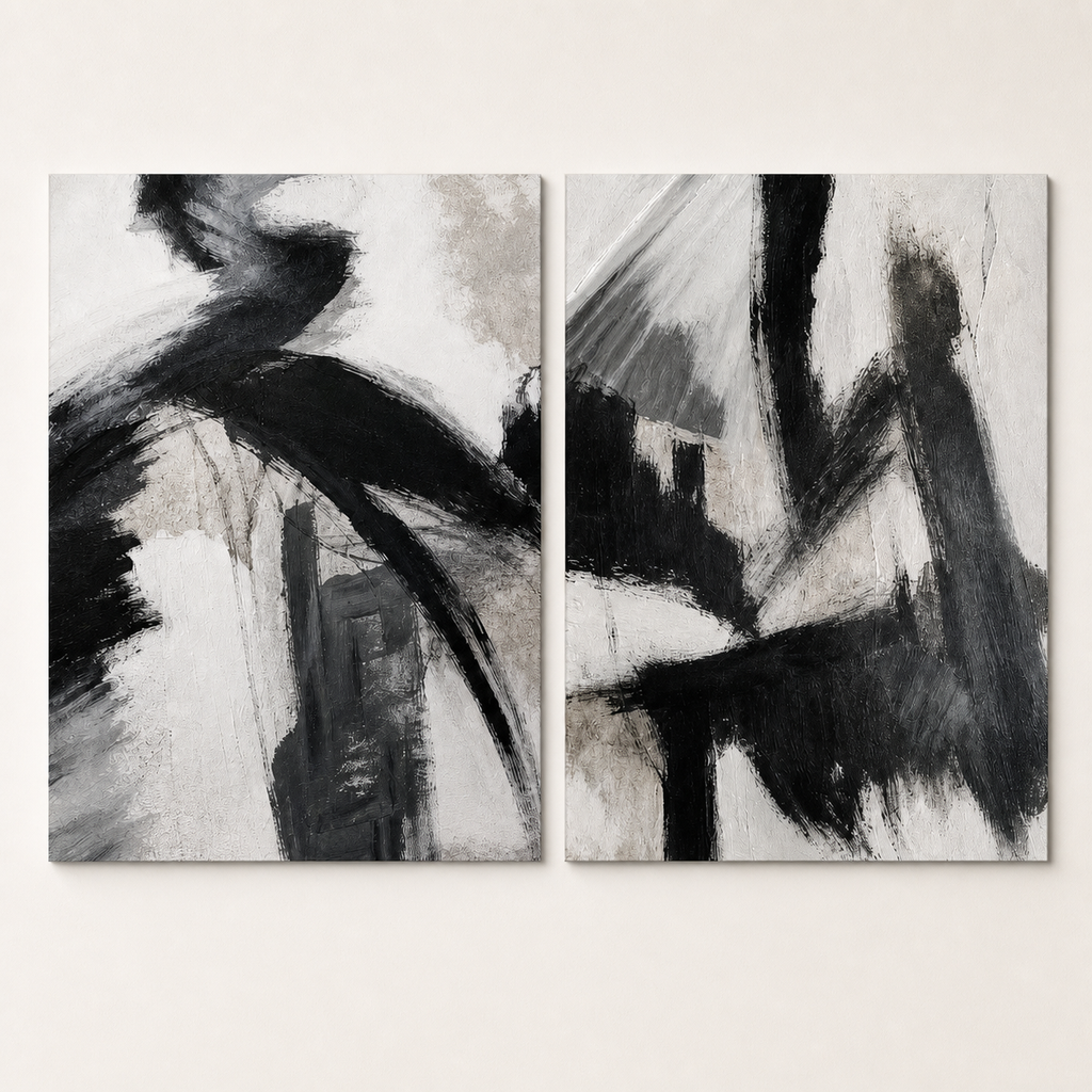 Front view of Black and White Abstract Set of 2 #SP013, showing the complete composition