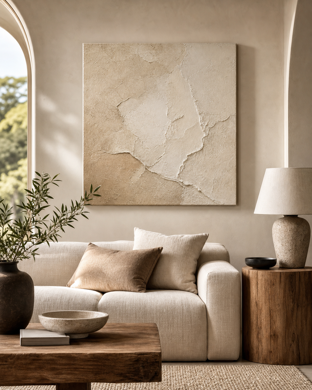 TX001 Beige Wabi-Sabi Textured Wall Art in a neutral living room