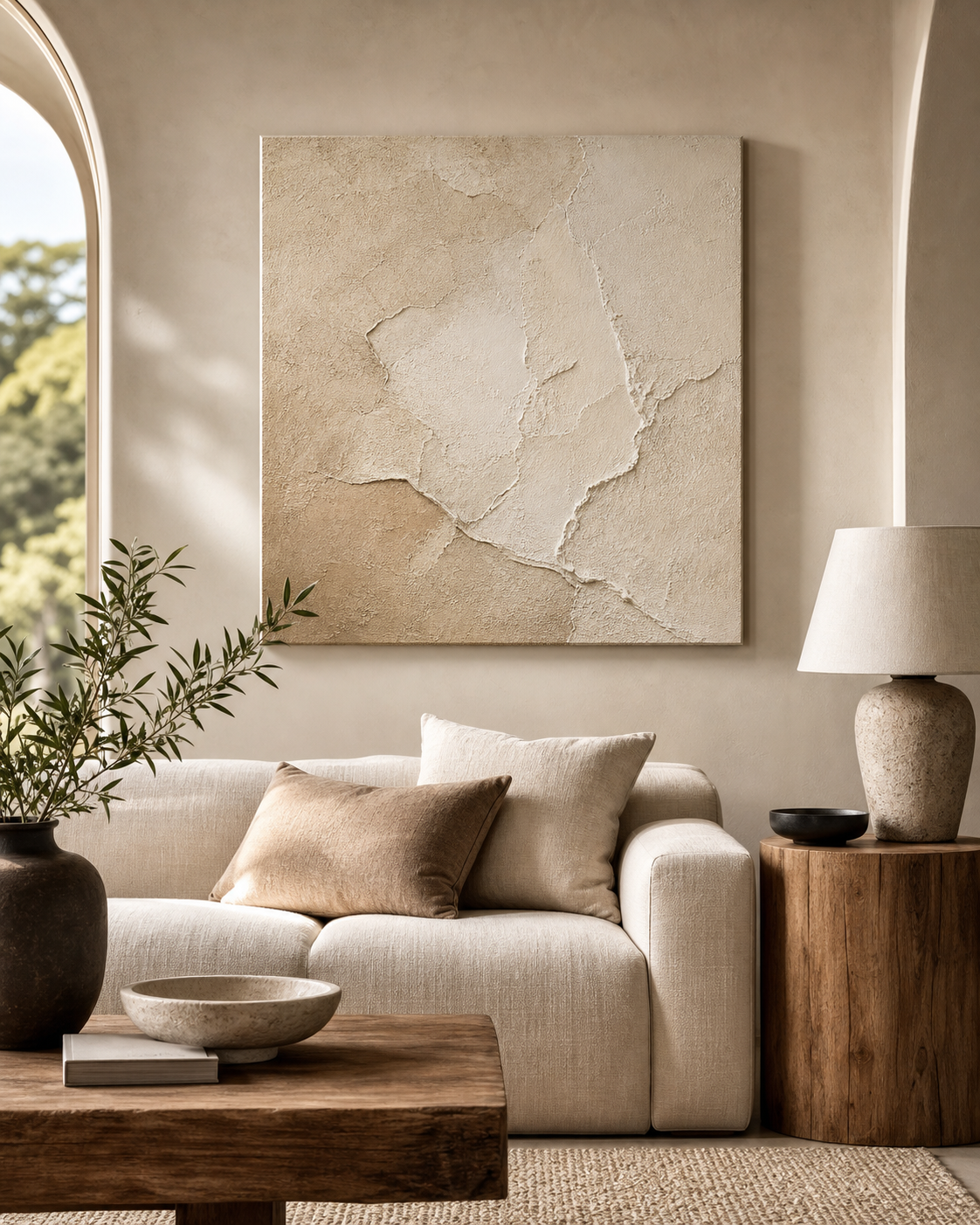 TX001 Beige Wabi-Sabi Textured Wall Art in a neutral living room